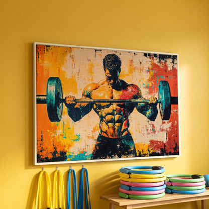 Bodybuilder Lifting Canvas - Teal & Sienna in white floating frame