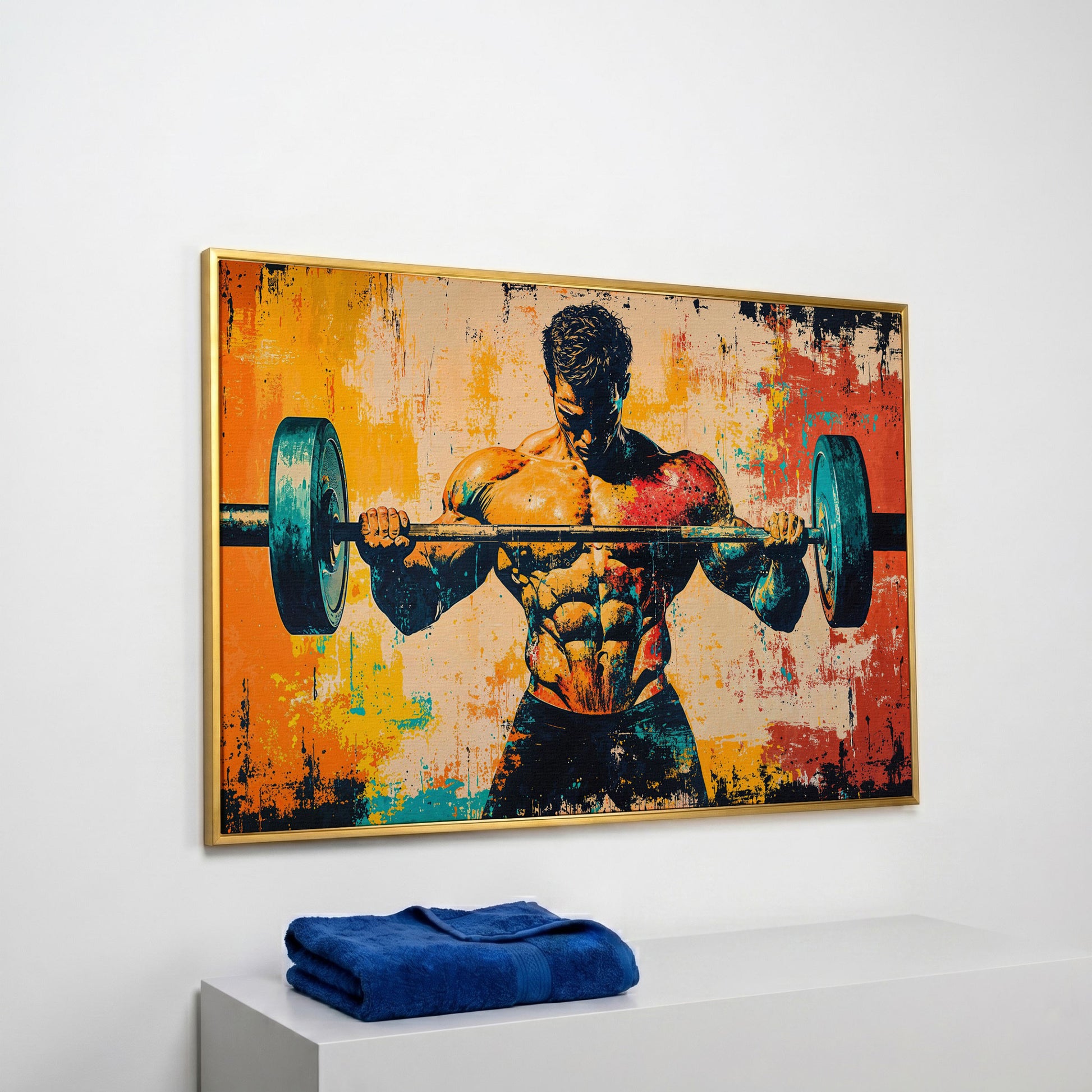 Bodybuilder Lifting Canvas - Teal & Sienna in yellow gold floating frame