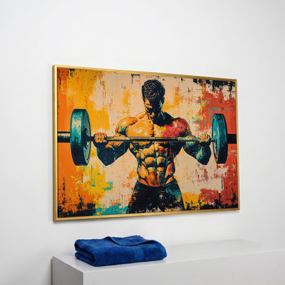 Bodybuilder Lifting Canvas - Teal & Sienna in yellow gold floating frame