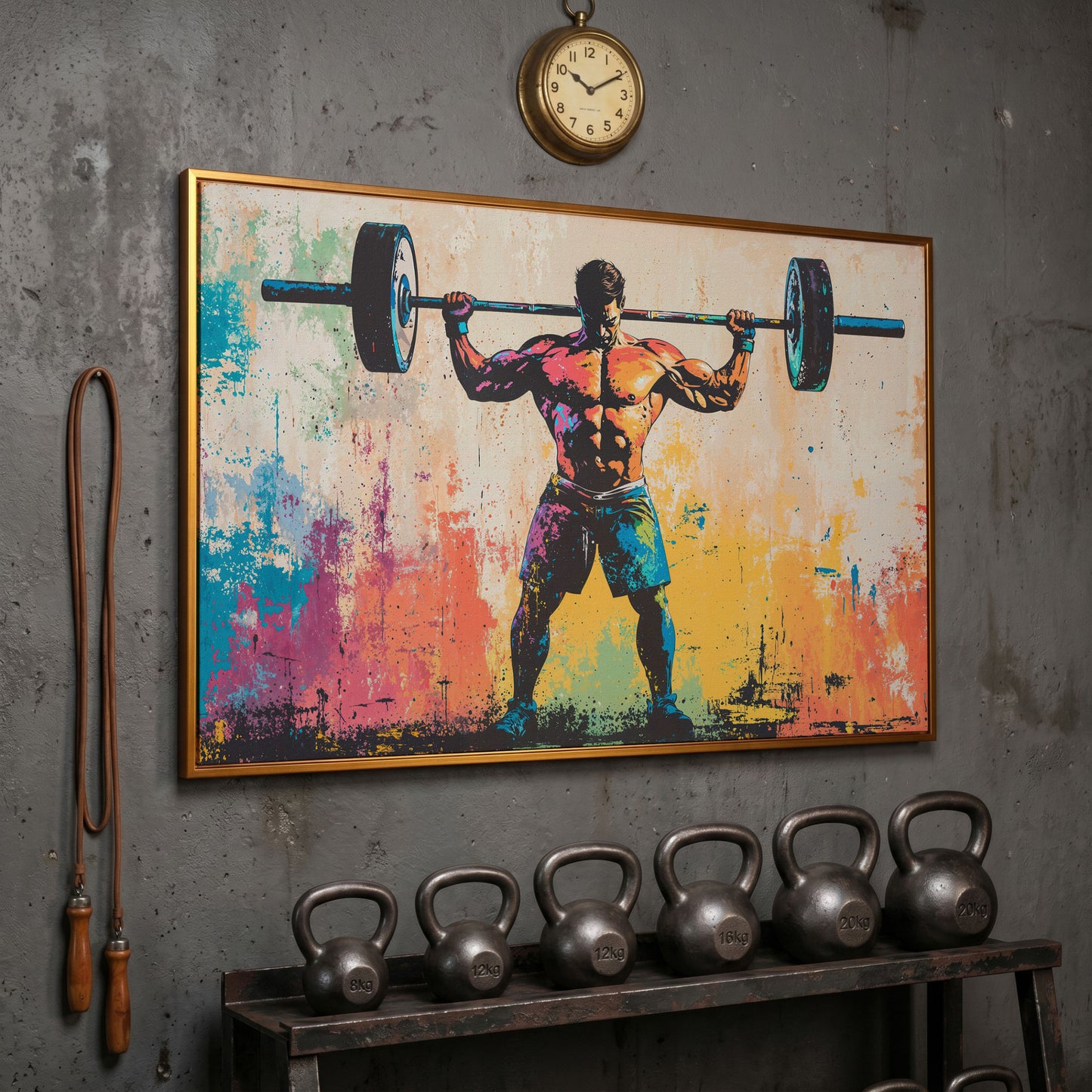 Rainbow Bodybuilder Canvas Print with Graffiti Energy in antique gold floating frame