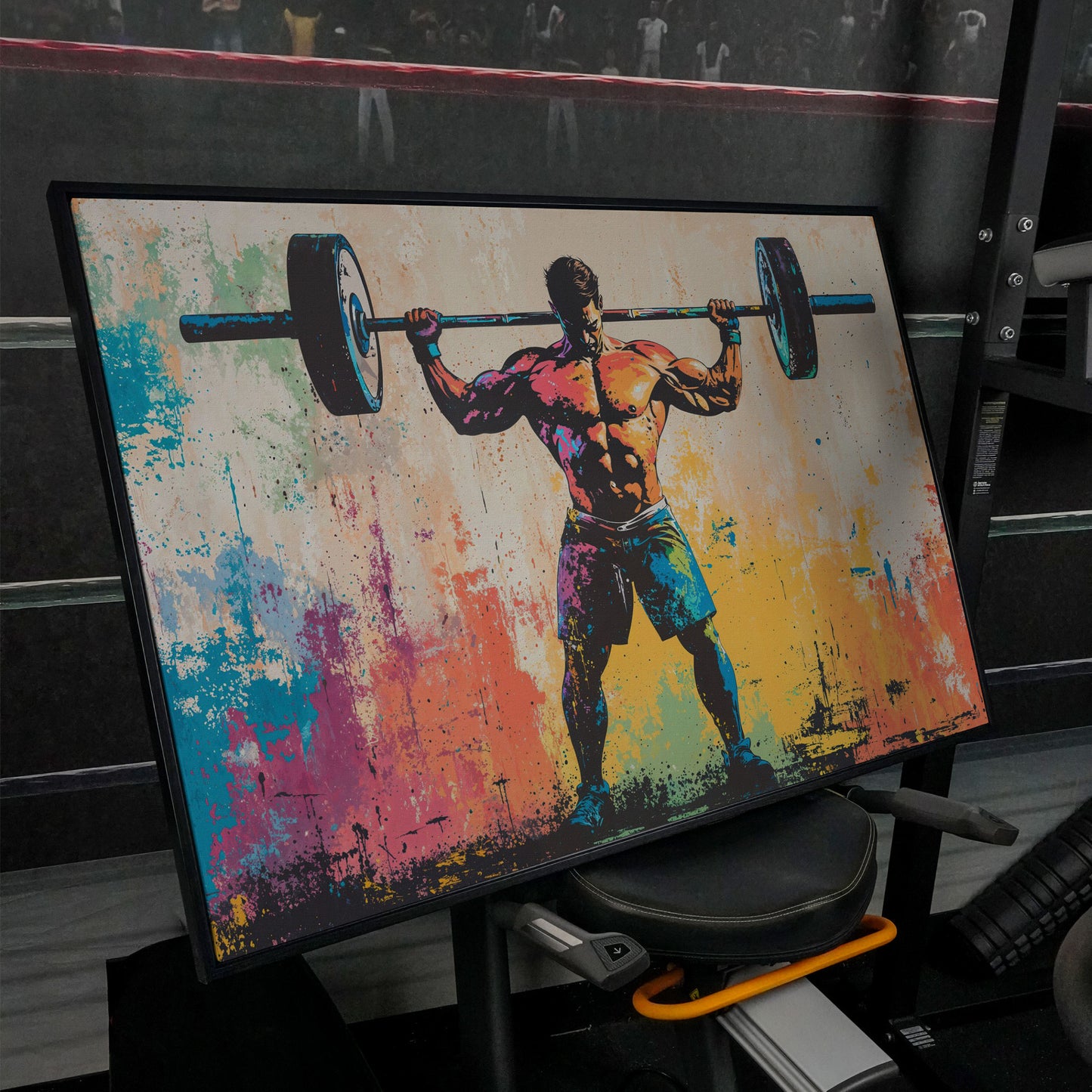 Rainbow Bodybuilder Canvas Print with Graffiti Energy in black floating frame