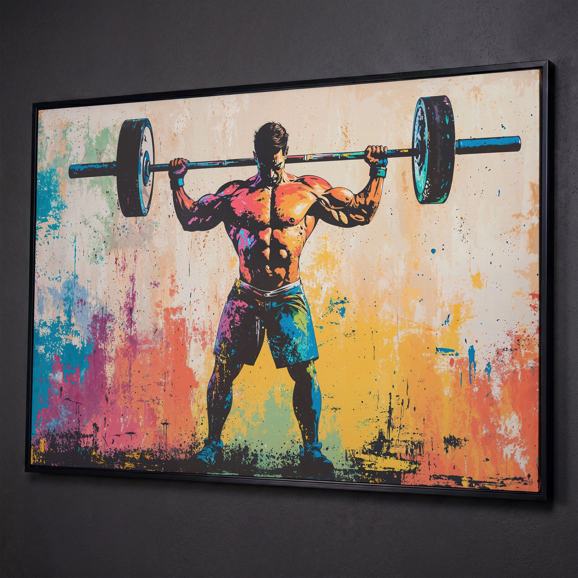 Rainbow Bodybuilder Canvas Print with Graffiti Energy shown in black floating frame