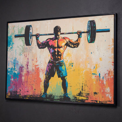 Rainbow Bodybuilder Canvas Print with Graffiti Energy shown in black floating frame