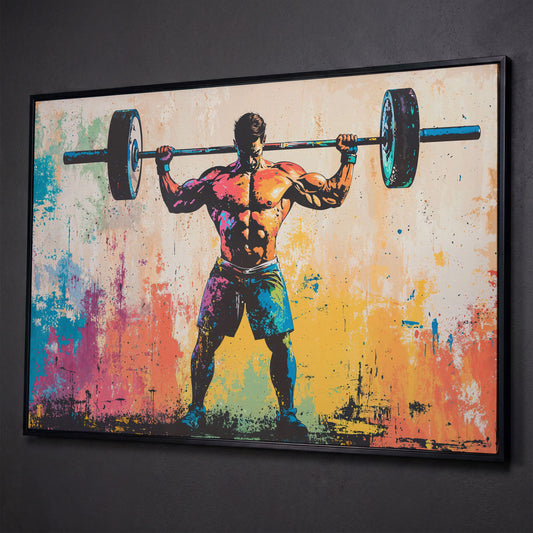 Rainbow Bodybuilder Canvas Print with Graffiti Energy shown in black floating frame
