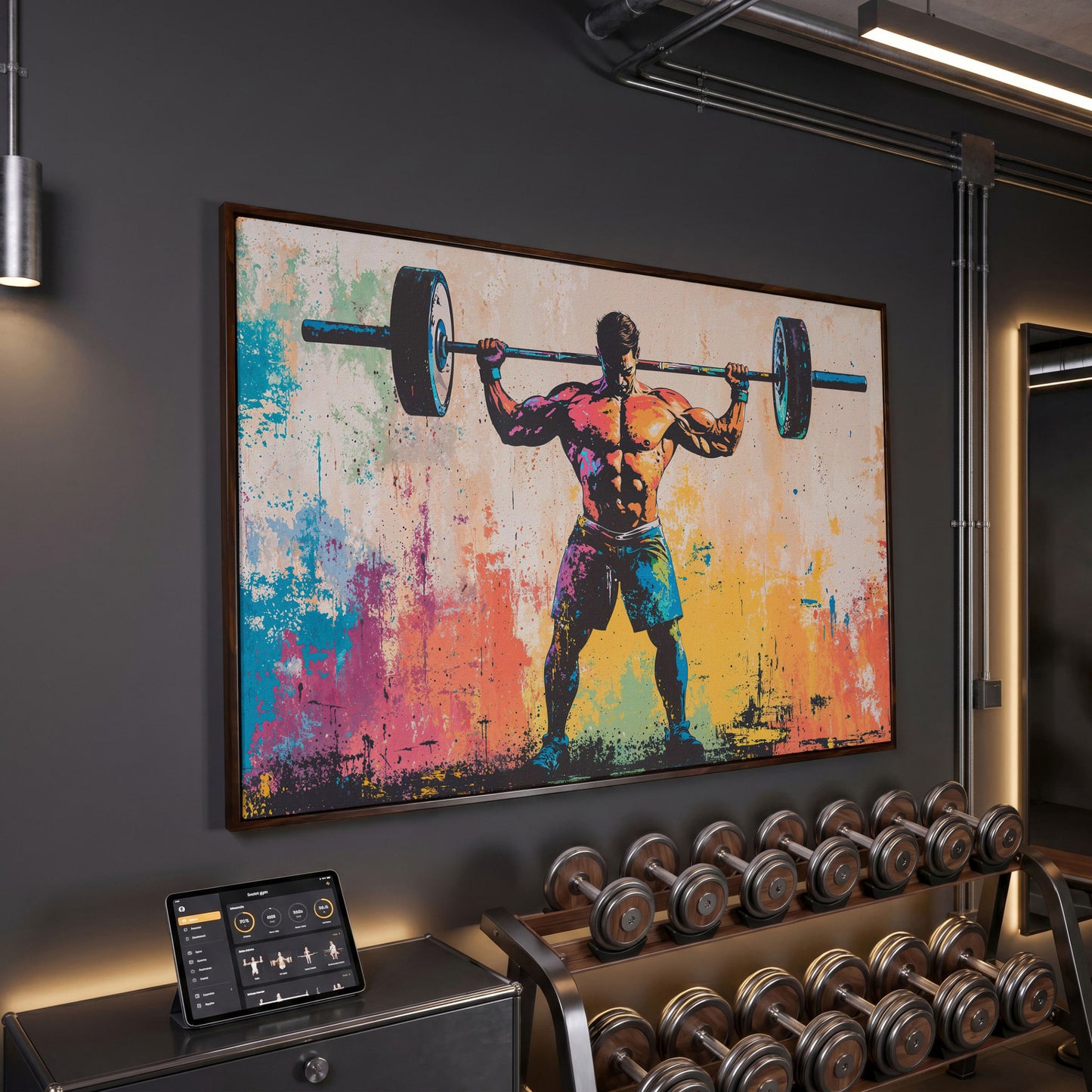 Rainbow Bodybuilder Canvas Print with Graffiti Energy in dark walnut floating frame