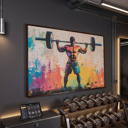 Rainbow Bodybuilder Canvas Print with Graffiti Energy in dark walnut floating frame