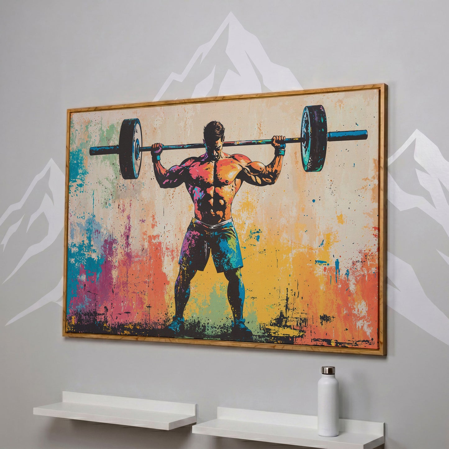Rainbow Bodybuilder Canvas Print with Graffiti Energy in white oak floating frame