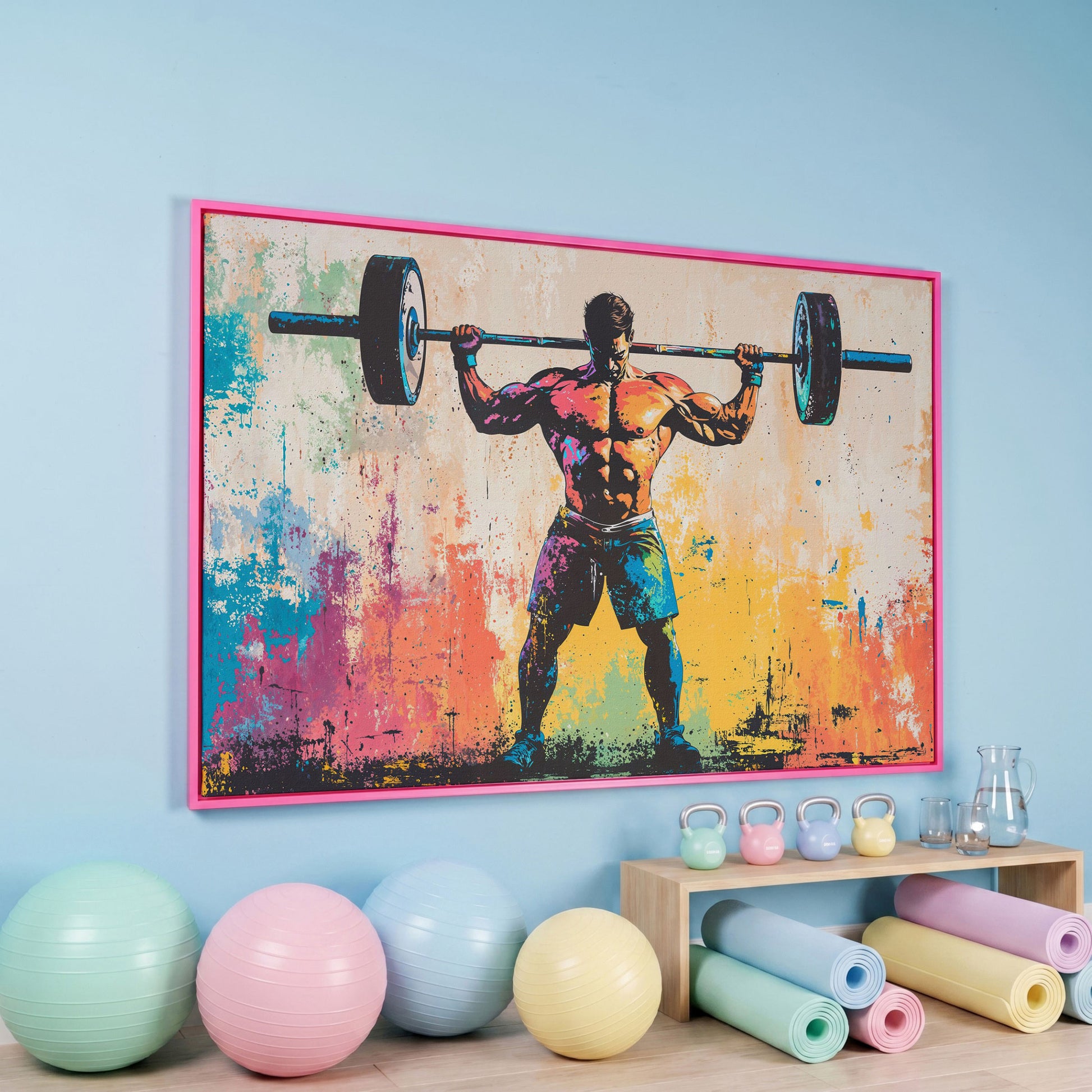Rainbow Bodybuilder Canvas Print with Graffiti Energy in pink floating frame