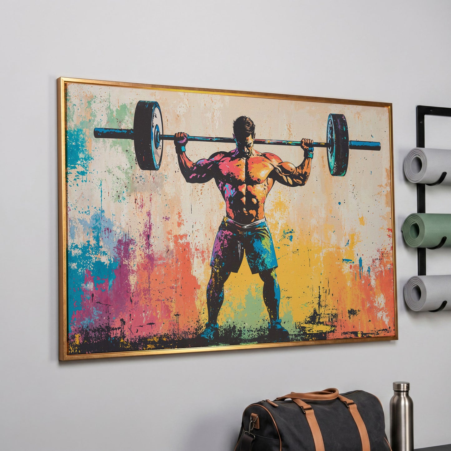 Rainbow Bodybuilder Canvas Print with Graffiti Energy in rose gold floating frame