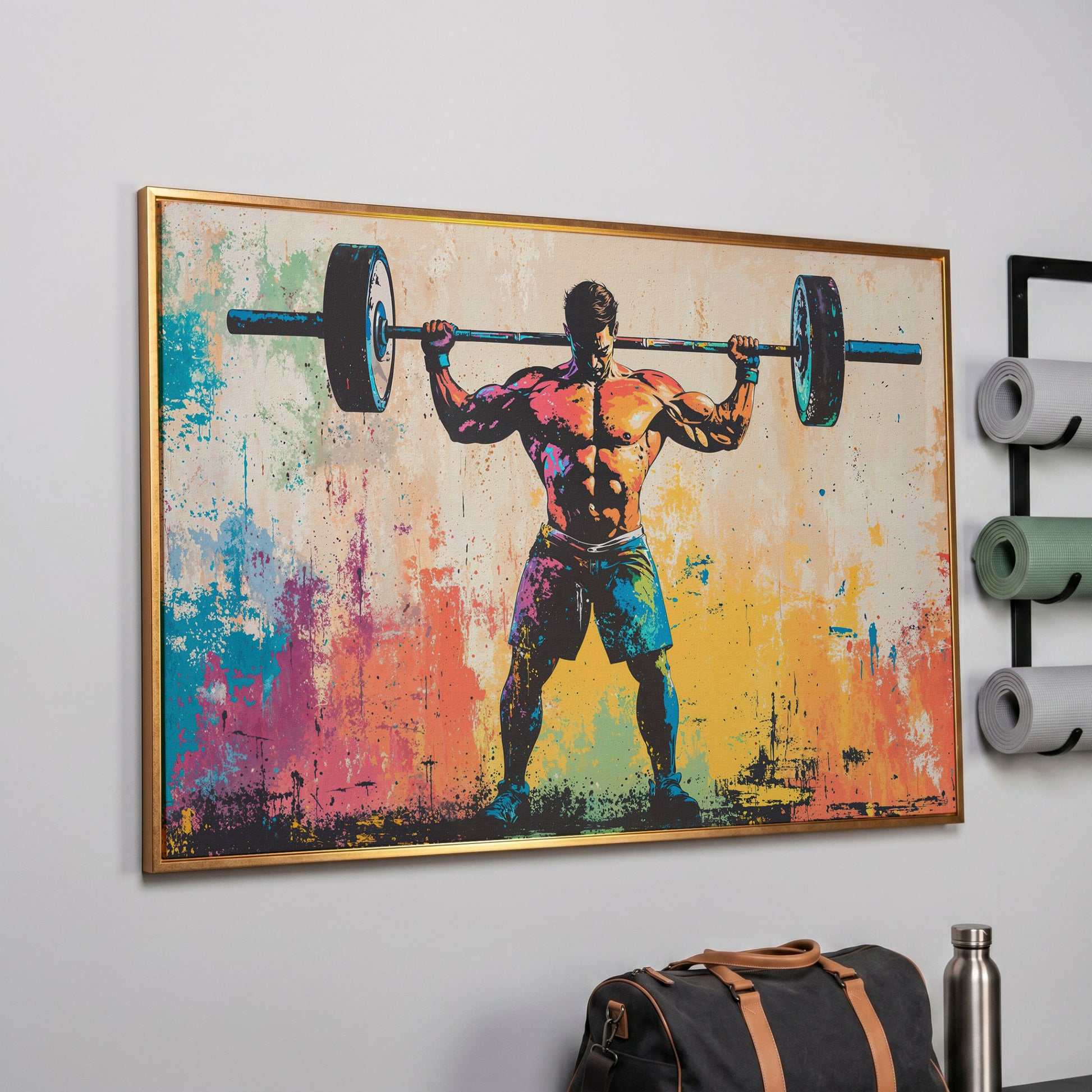 Rainbow Bodybuilder Canvas Print with Graffiti Energy in rose gold floating frame