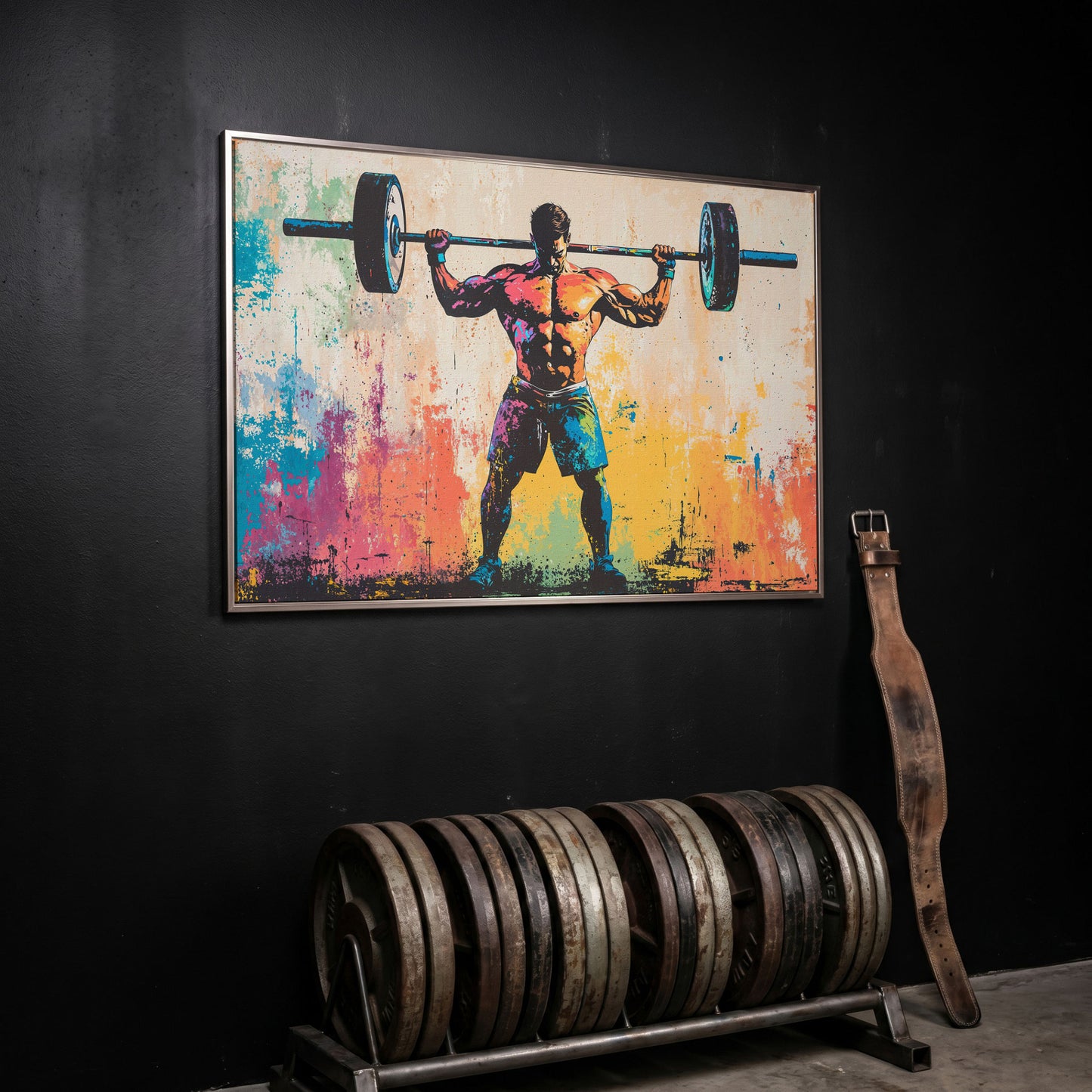 Rainbow Bodybuilder Canvas Print with Graffiti Energy in silver floating frame