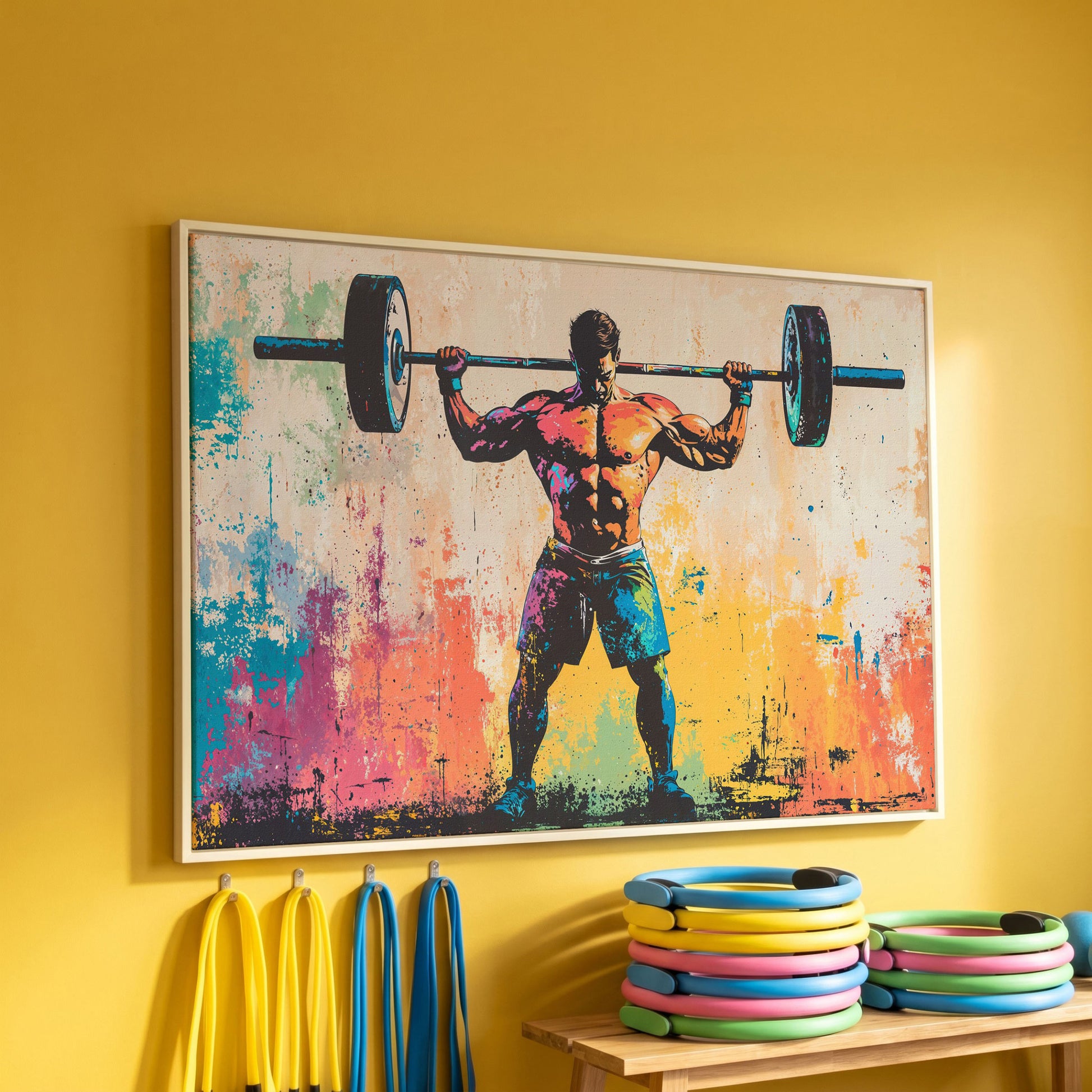 Rainbow Bodybuilder Canvas Print with Graffiti Energy in white floating frame