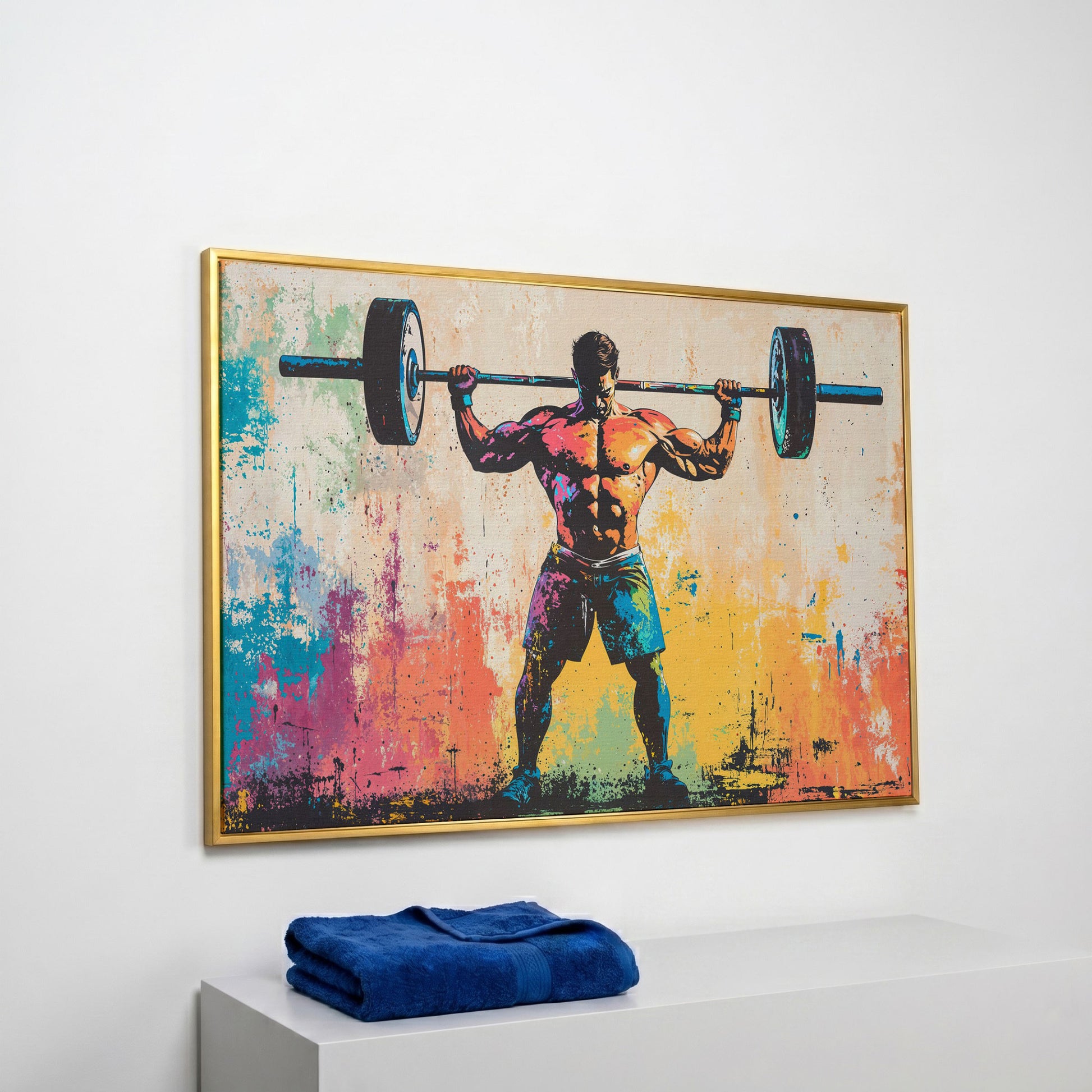 Rainbow Bodybuilder Canvas Print with Graffiti Energy in yellow gold floating frame
