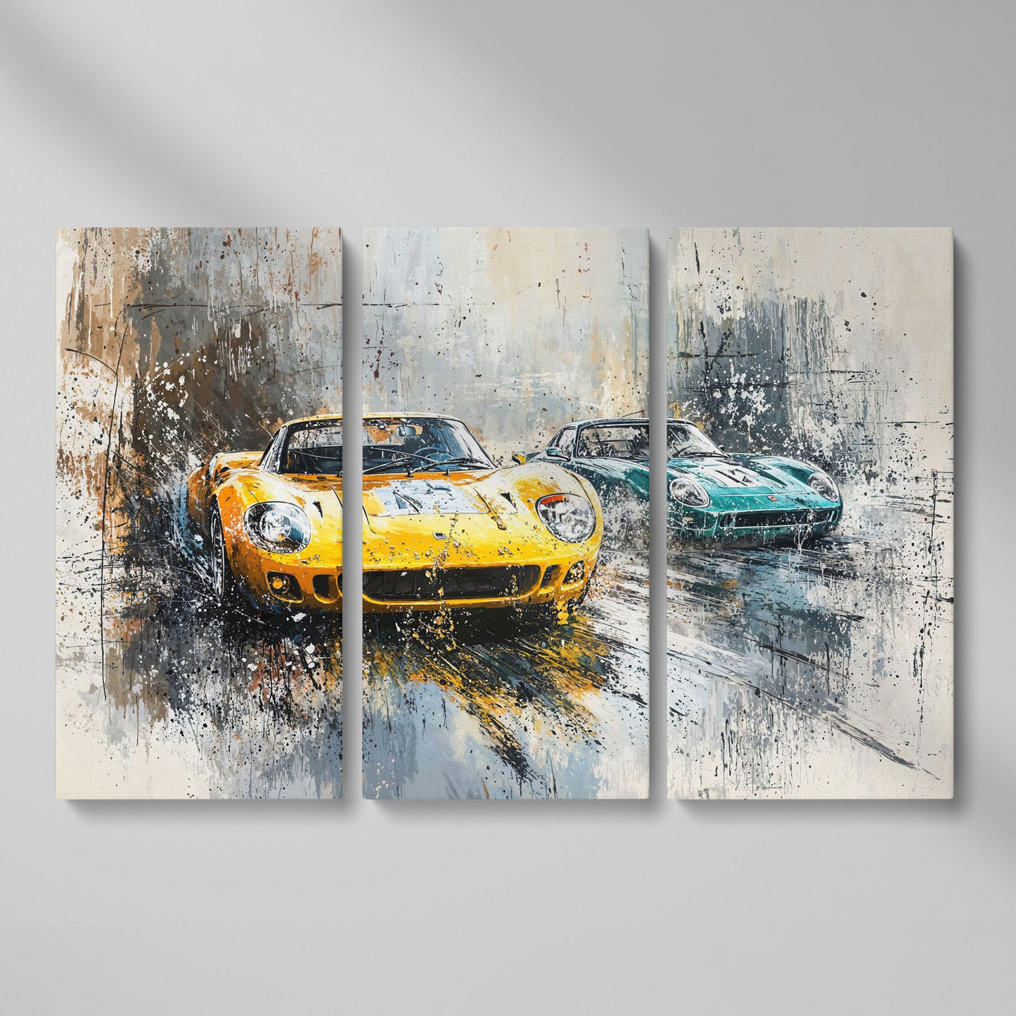 High-Speed Racing Cars Canvas Print in Mustard and Teal as 3-panel split version