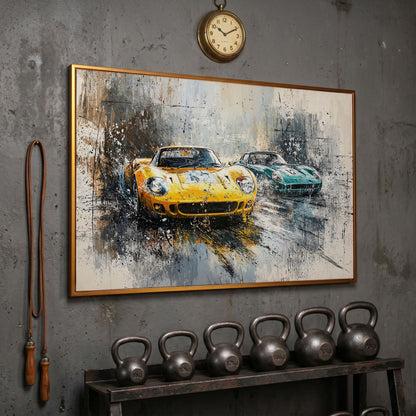 High-Speed Racing Cars Canvas Print in Mustard and Teal in antique gold floating frame