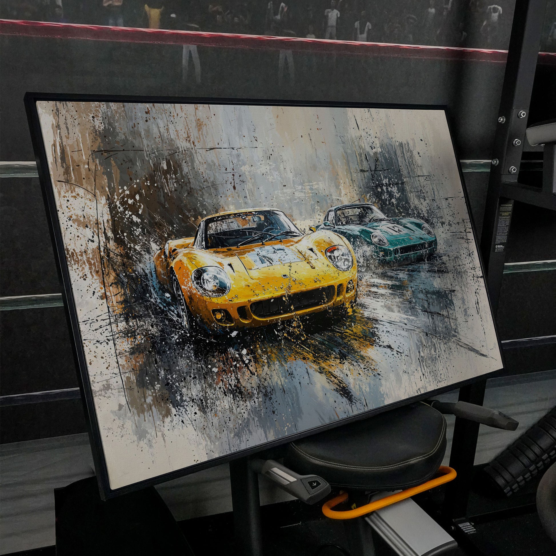High-Speed Racing Cars Canvas Print in Mustard and Teal in black floating frame