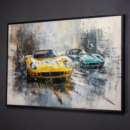 High-Speed Racing Cars Canvas Print in Mustard and Teal shown in black floating frame