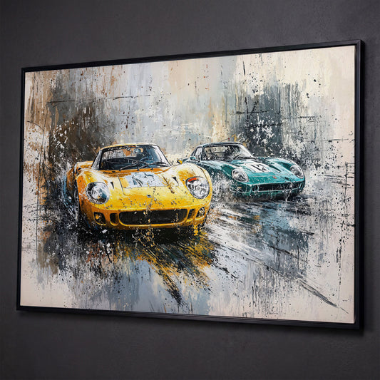 High-Speed Racing Cars Canvas Print in Mustard and Teal shown in black floating frame