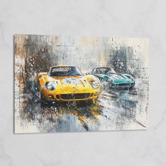 High-Speed Racing Cars Canvas Print in Mustard and Teal on gallery wrap