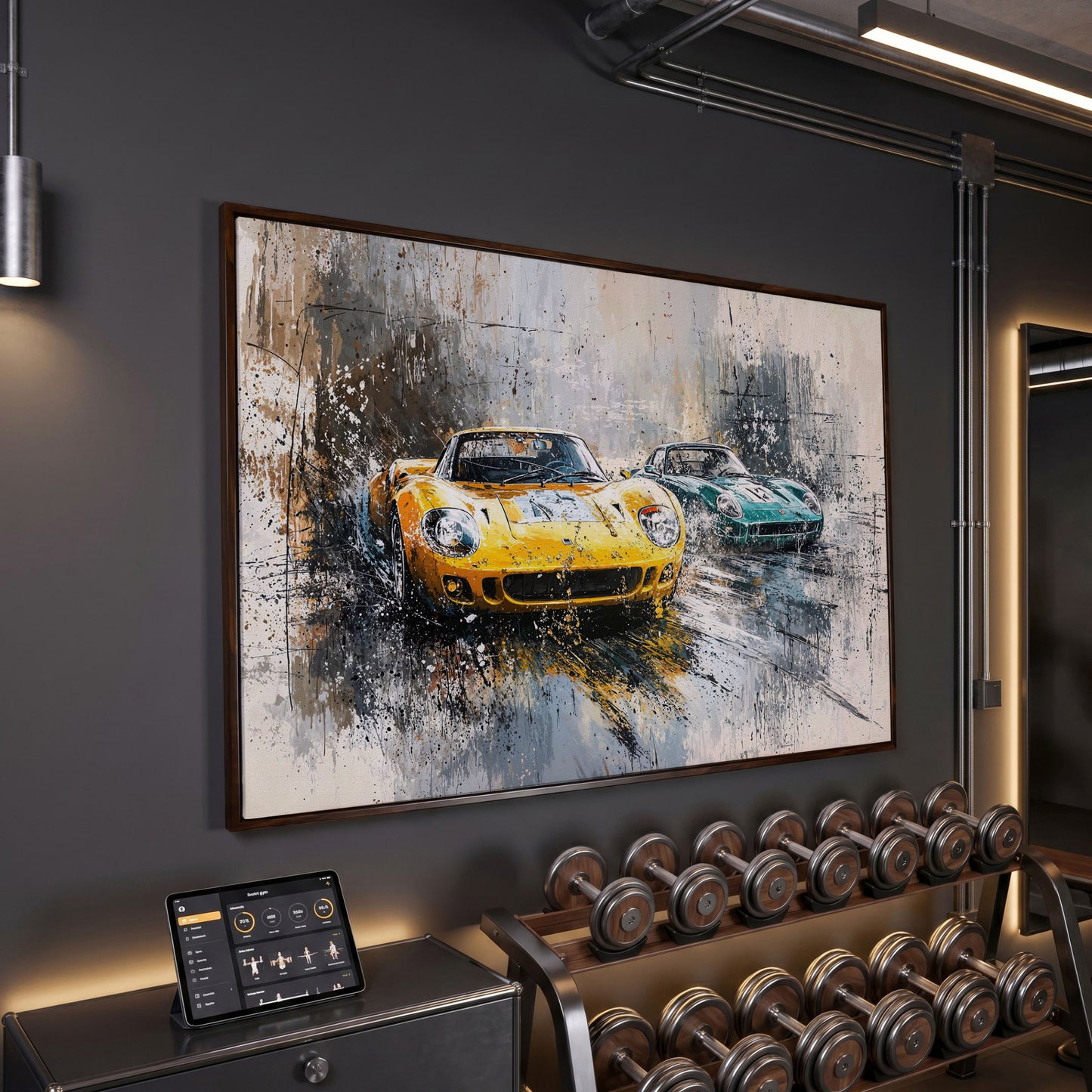 High-Speed Racing Cars Canvas Print in Mustard and Teal in dark walnut floating frame