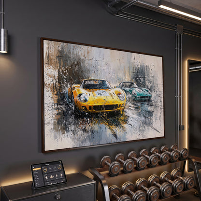 High-Speed Racing Cars Canvas Print in Mustard and Teal in dark walnut floating frame