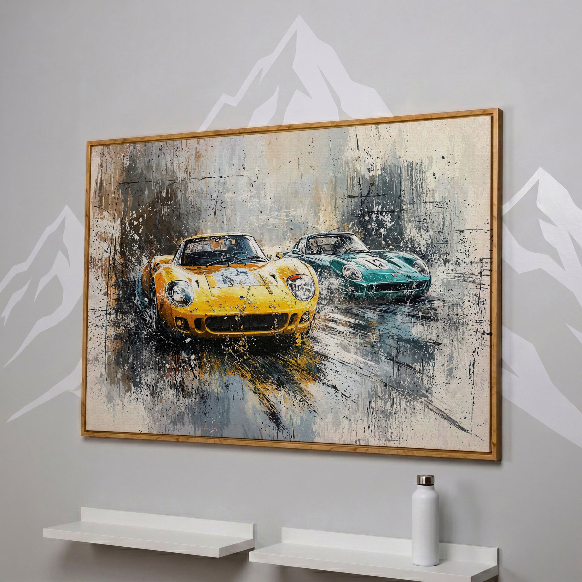 High-Speed Racing Cars Canvas Print in Mustard and Teal in white oak floating frame