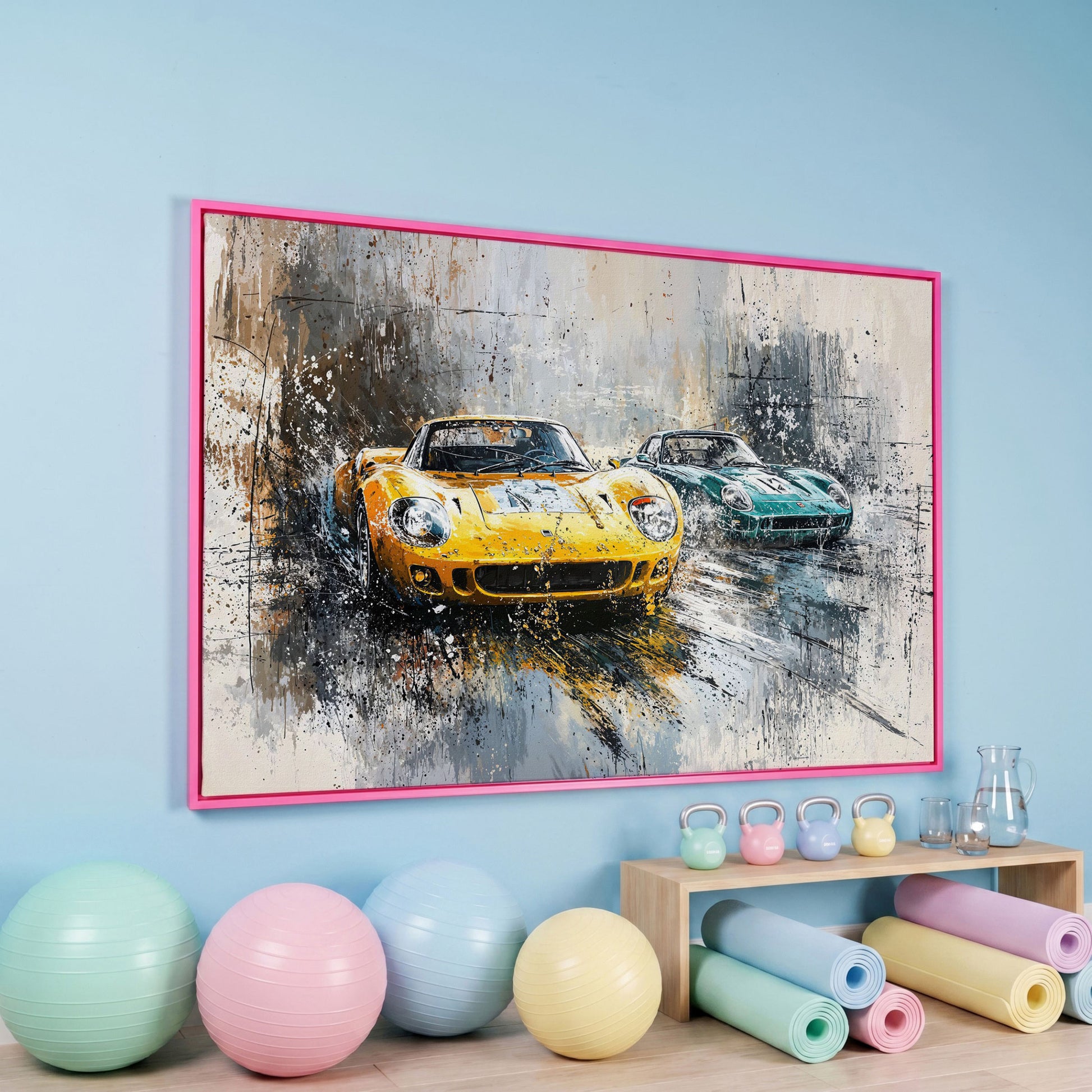 High-Speed Racing Cars Canvas Print in Mustard and Teal in pink floating frame