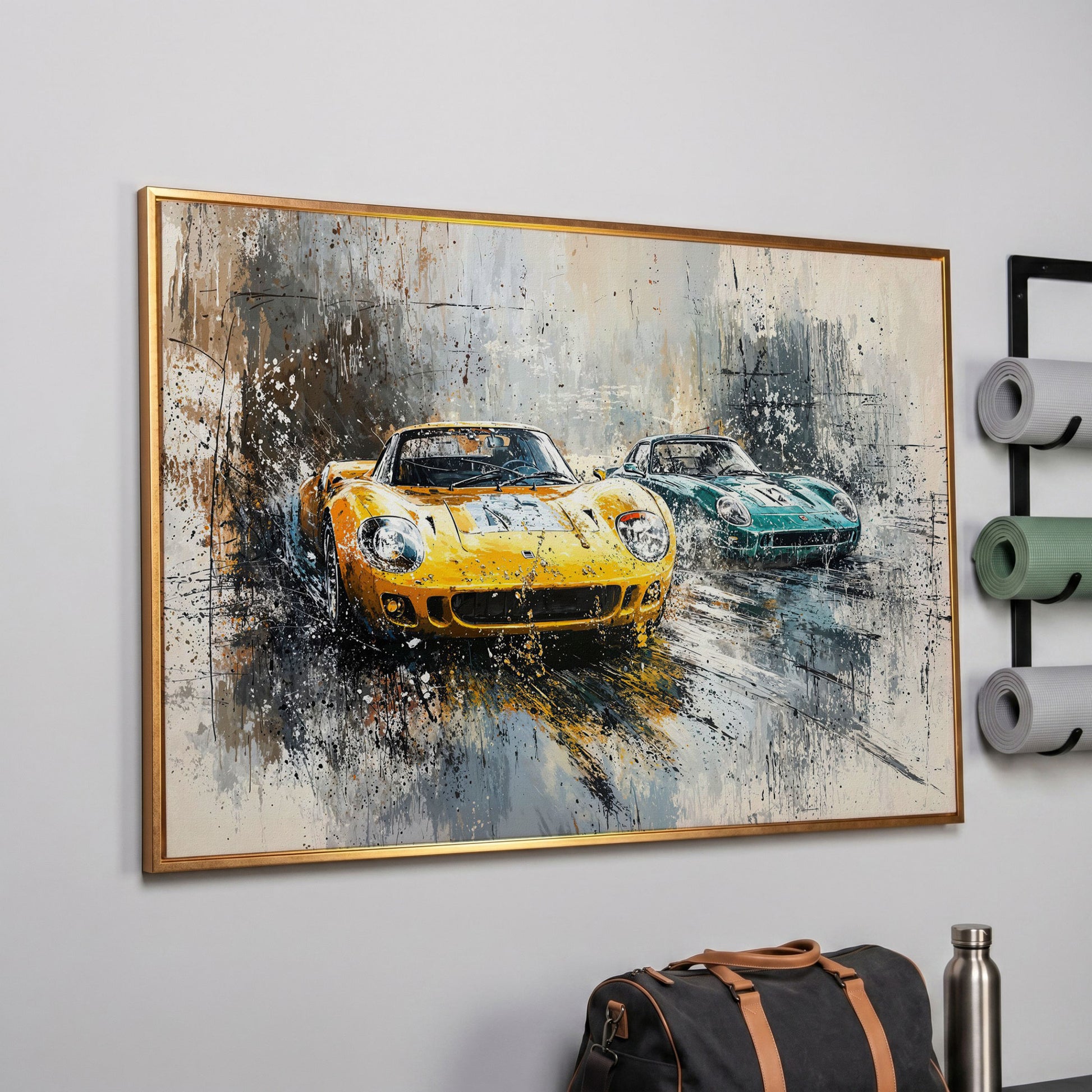 High-Speed Racing Cars Canvas Print in Mustard and Teal in rose gold floating frame