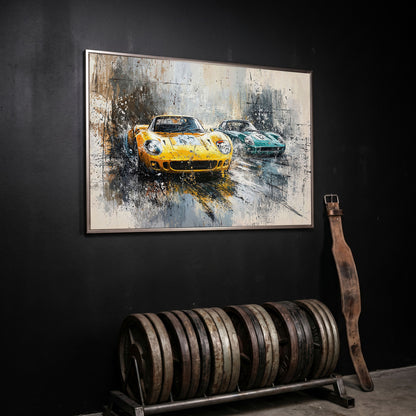 High-Speed Racing Cars Canvas Print in Mustard and Teal in silver floating frame