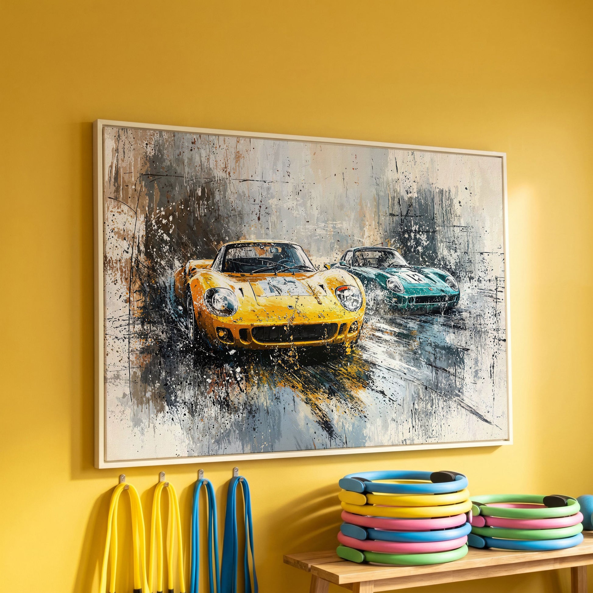 High-Speed Racing Cars Canvas Print in Mustard and Teal in white floating frame