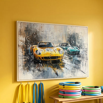 High-Speed Racing Cars Canvas Print in Mustard and Teal in white floating frame