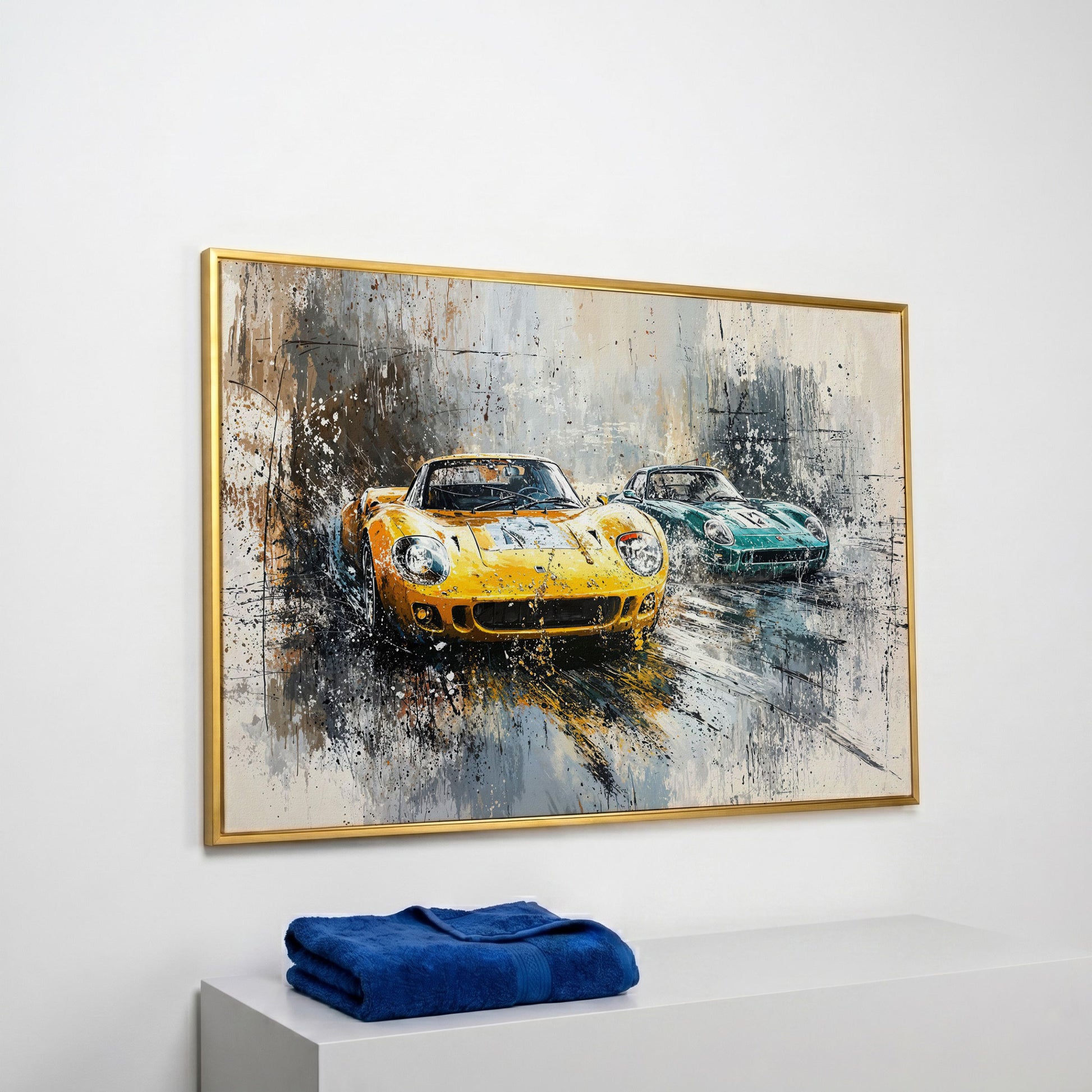 High-Speed Racing Cars Canvas Print in Mustard and Teal in yellow gold floating frame