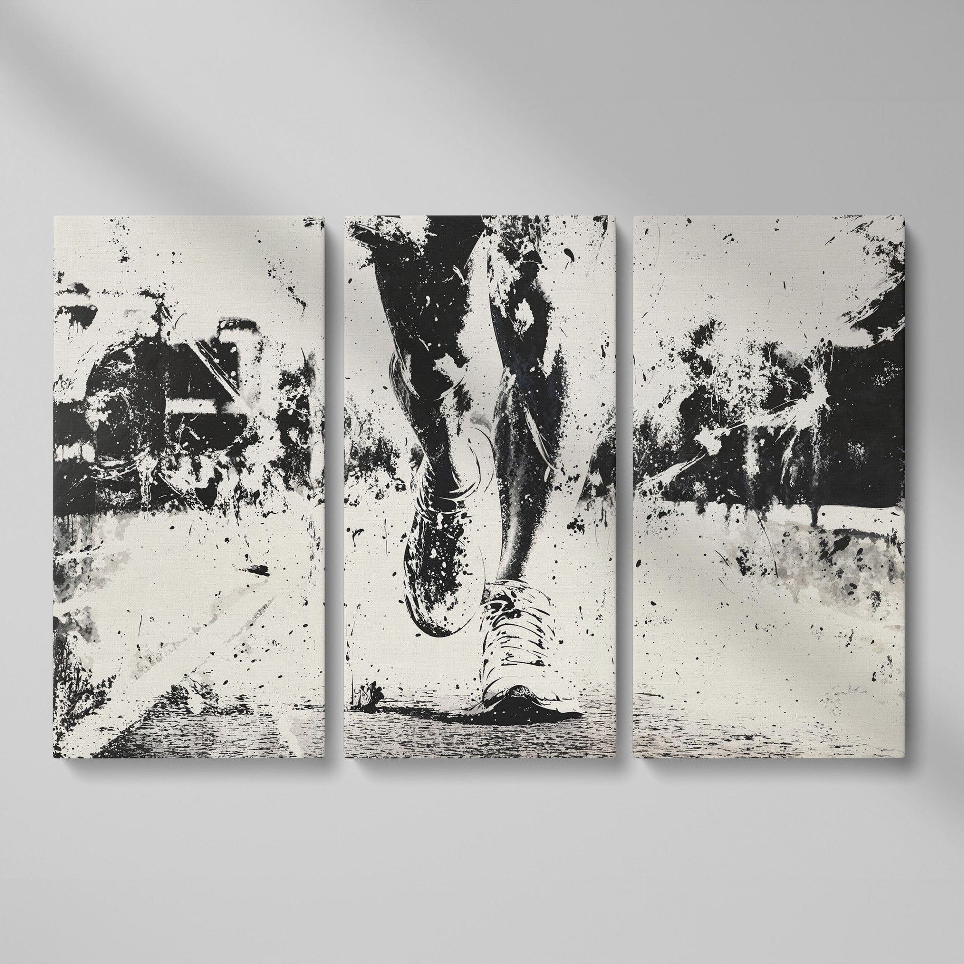Black and White Runner Canvas. Abstract Athletic Motion as 3-panel split version