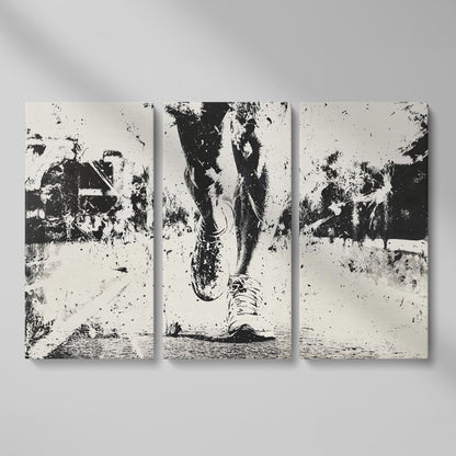 Black and White Runner Canvas. Abstract Athletic Motion as 3-panel split version