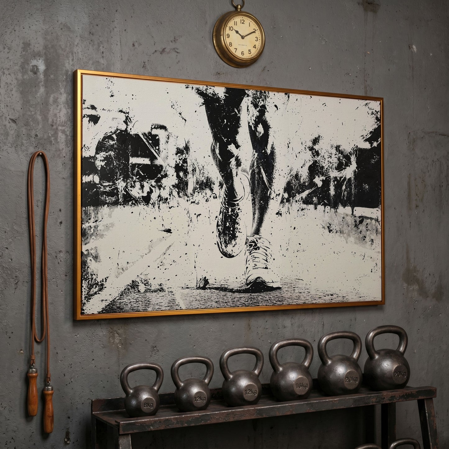 Black and White Runner Canvas. Abstract Athletic Motion in antique gold floating frame