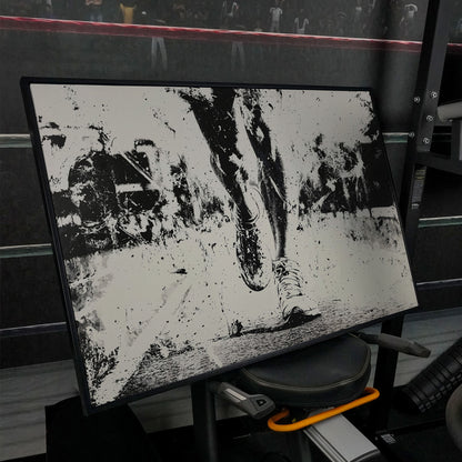 Black and White Runner Canvas. Abstract Athletic Motion in black floating frame