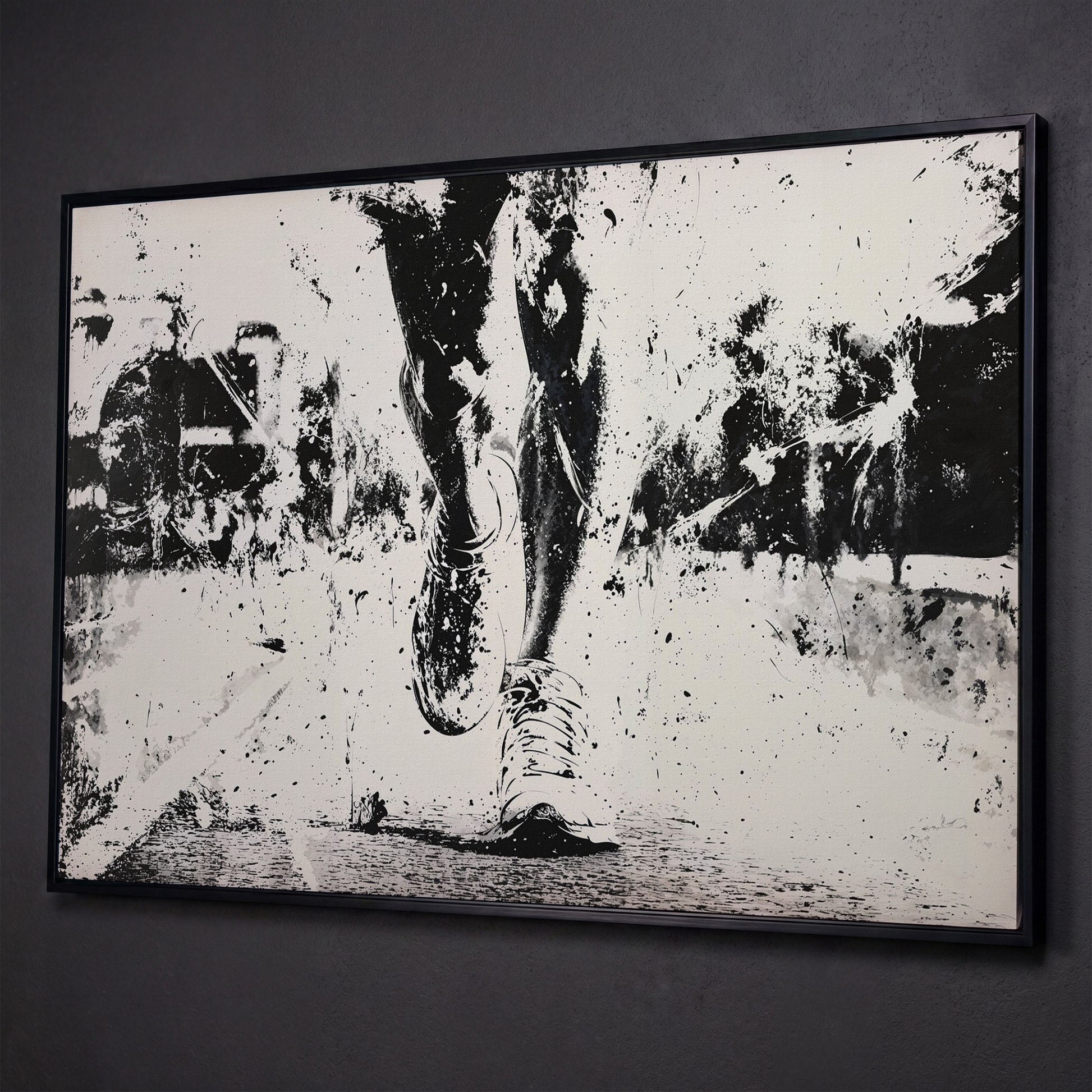 Black and White Runner Canvas. Abstract Athletic Motion shown in black floating frame