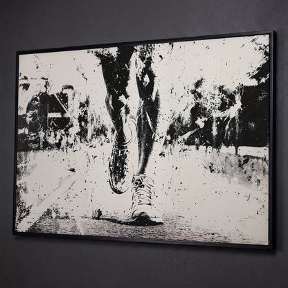 Black and White Runner Canvas. Abstract Athletic Motion shown in black floating frame