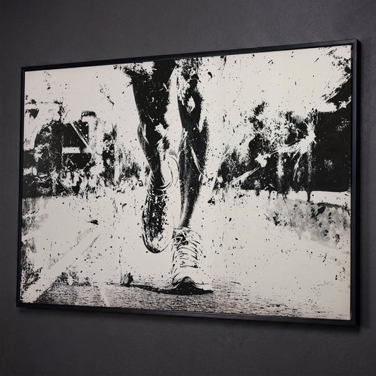Black and White Runner Canvas. Abstract Athletic Motion shown in black floating frame