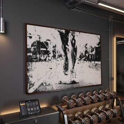 Black and White Runner Canvas. Abstract Athletic Motion in dark walnut floating frame