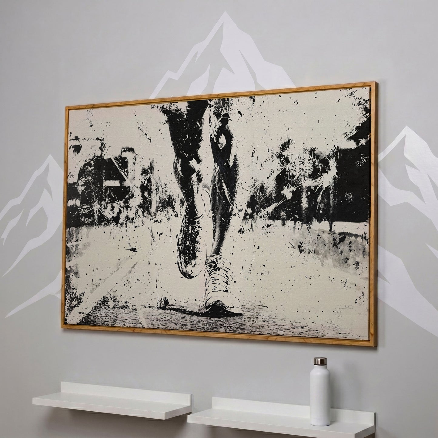 Black and White Runner Canvas. Abstract Athletic Motion in white oak floating frame