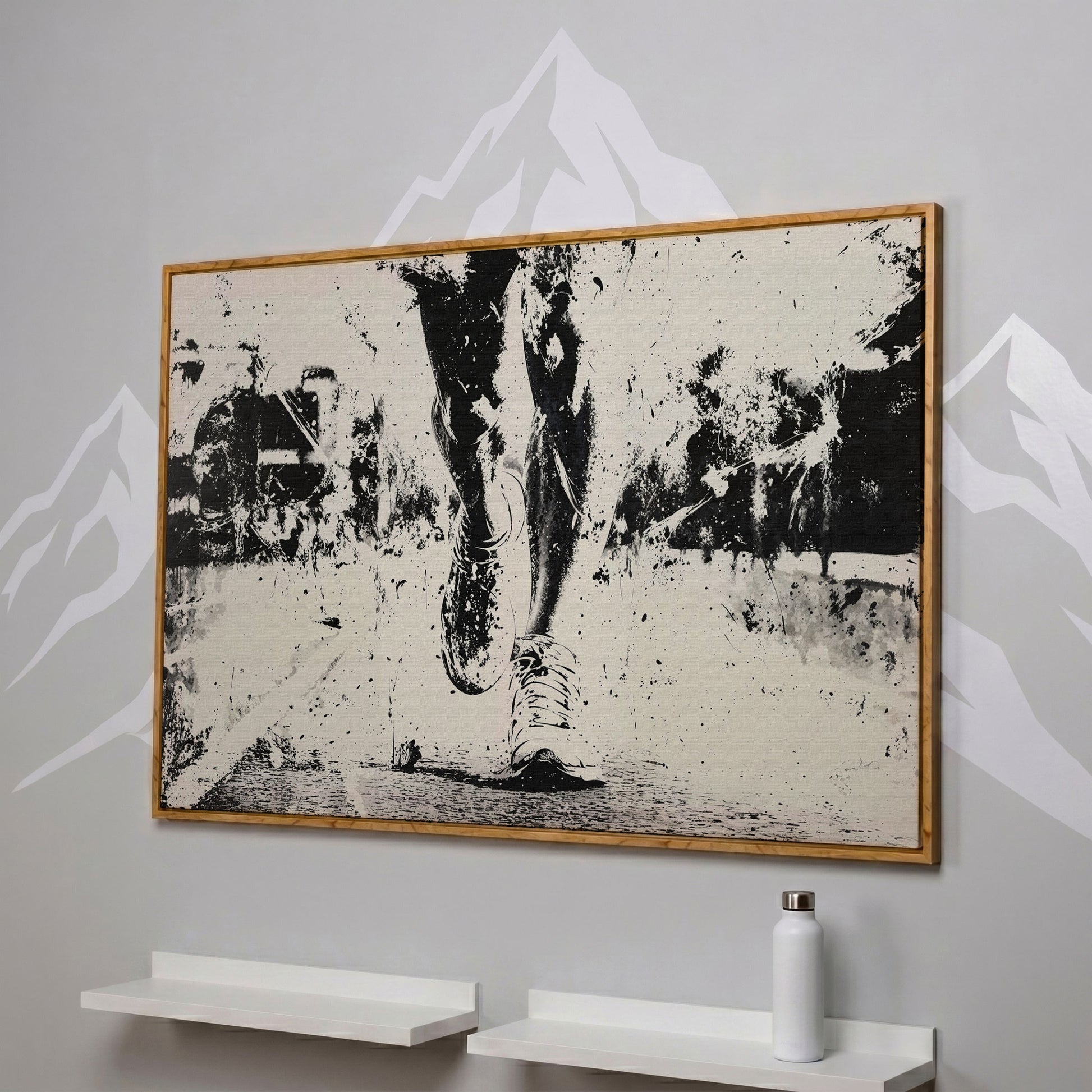 Black and White Runner Canvas. Abstract Athletic Motion in white oak floating frame