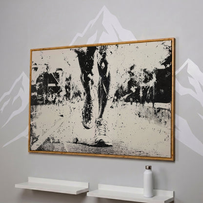 Black and White Runner Canvas. Abstract Athletic Motion in white oak floating frame