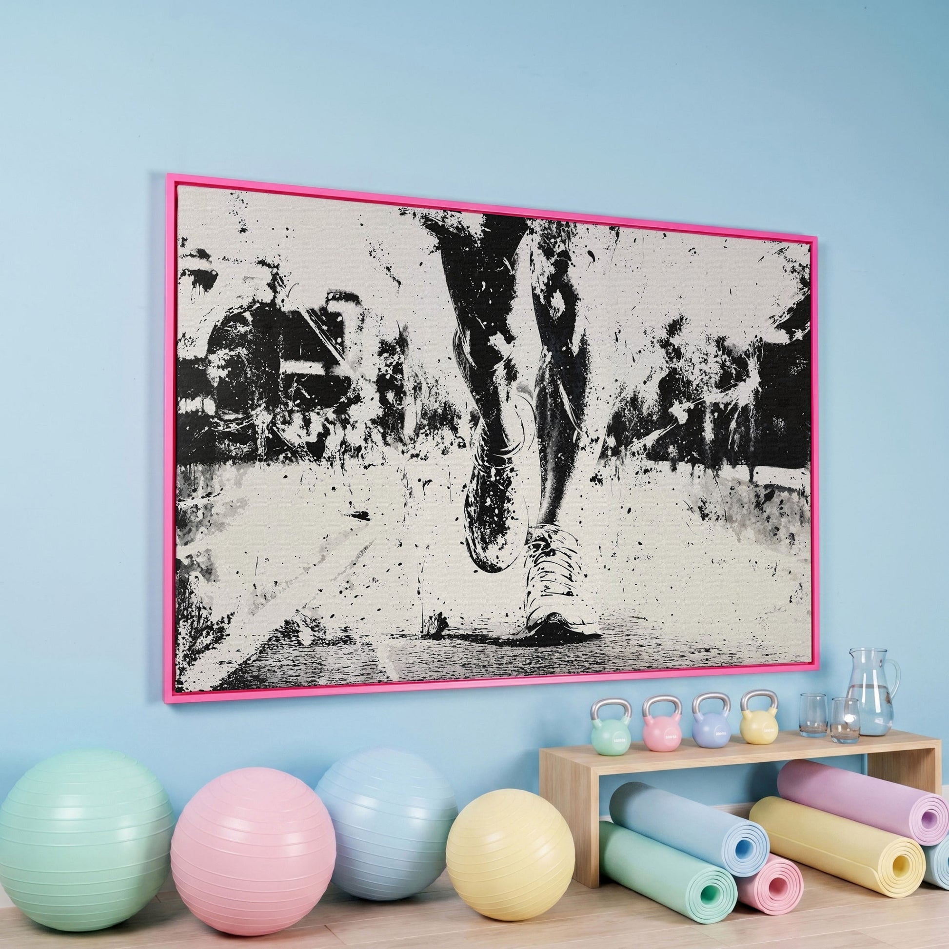 Black and White Runner Canvas. Abstract Athletic Motion in pink floating frame