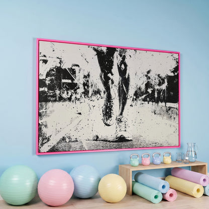 Black and White Runner Canvas. Abstract Athletic Motion in pink floating frame