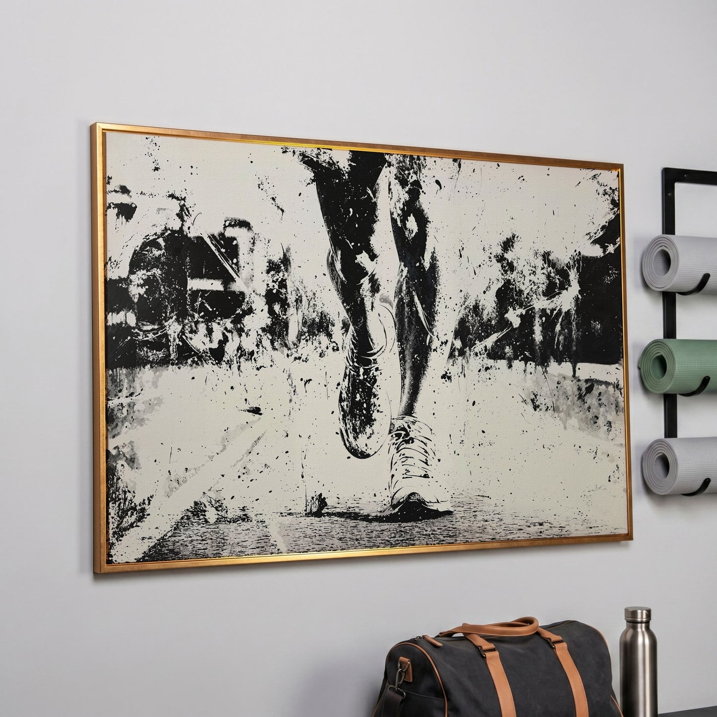 Black and White Runner Canvas. Abstract Athletic Motion in rose gold floating frame