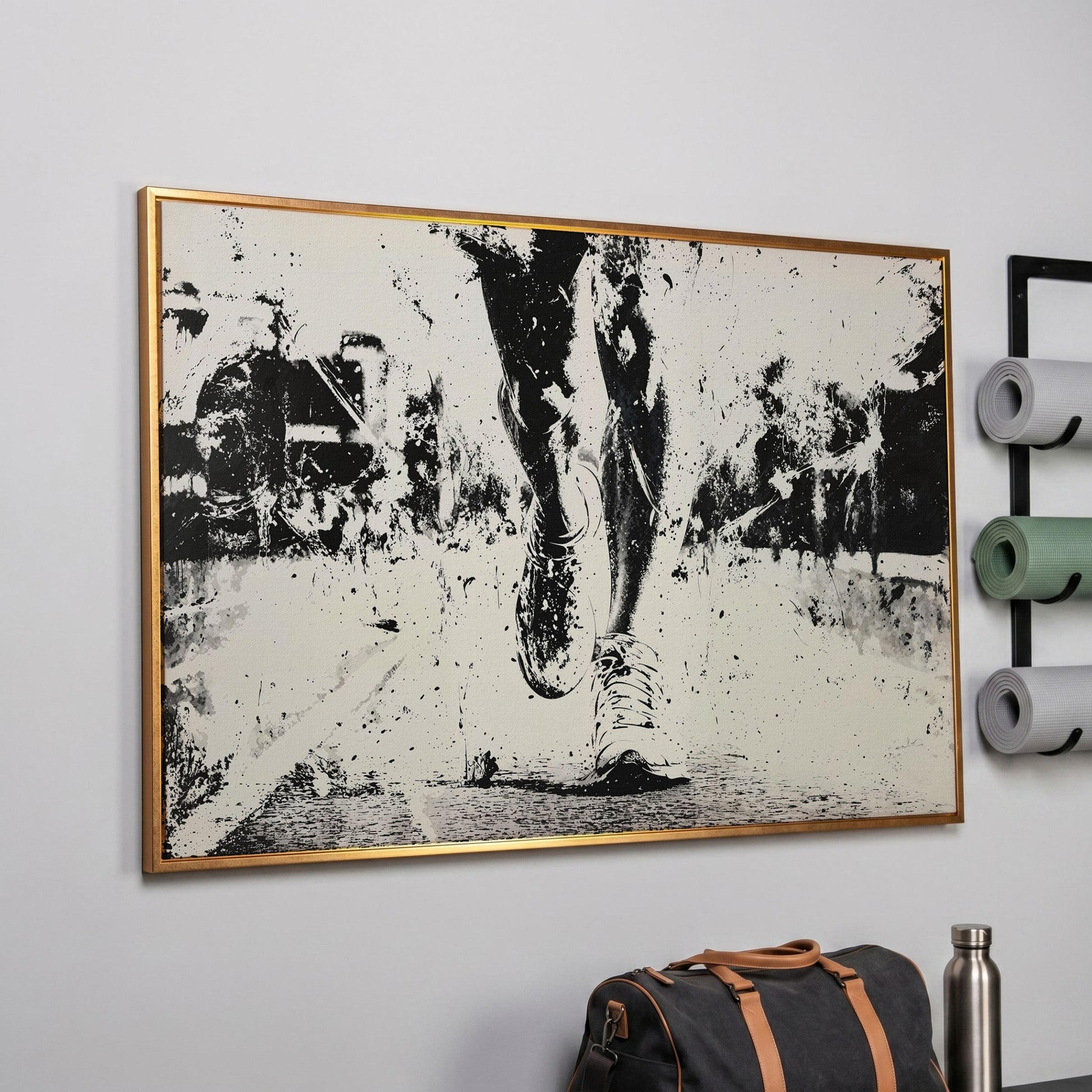 Black and White Runner Canvas. Abstract Athletic Motion in rose gold floating frame