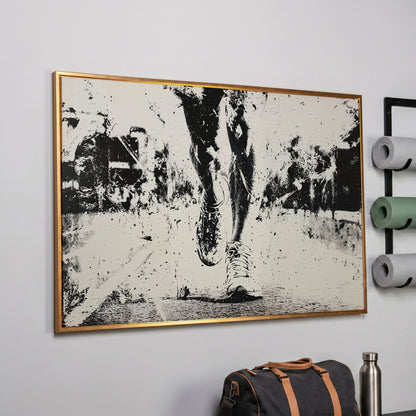 Black and White Runner Canvas. Abstract Athletic Motion in rose gold floating frame