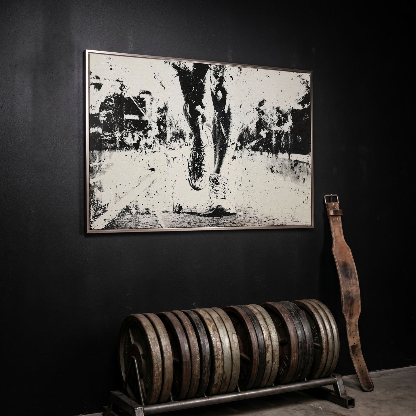 Black and White Runner Canvas. Abstract Athletic Motion in silver floating frame