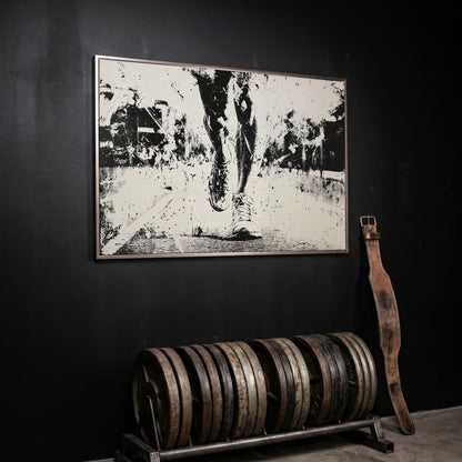 Black and White Runner Canvas. Abstract Athletic Motion in silver floating frame